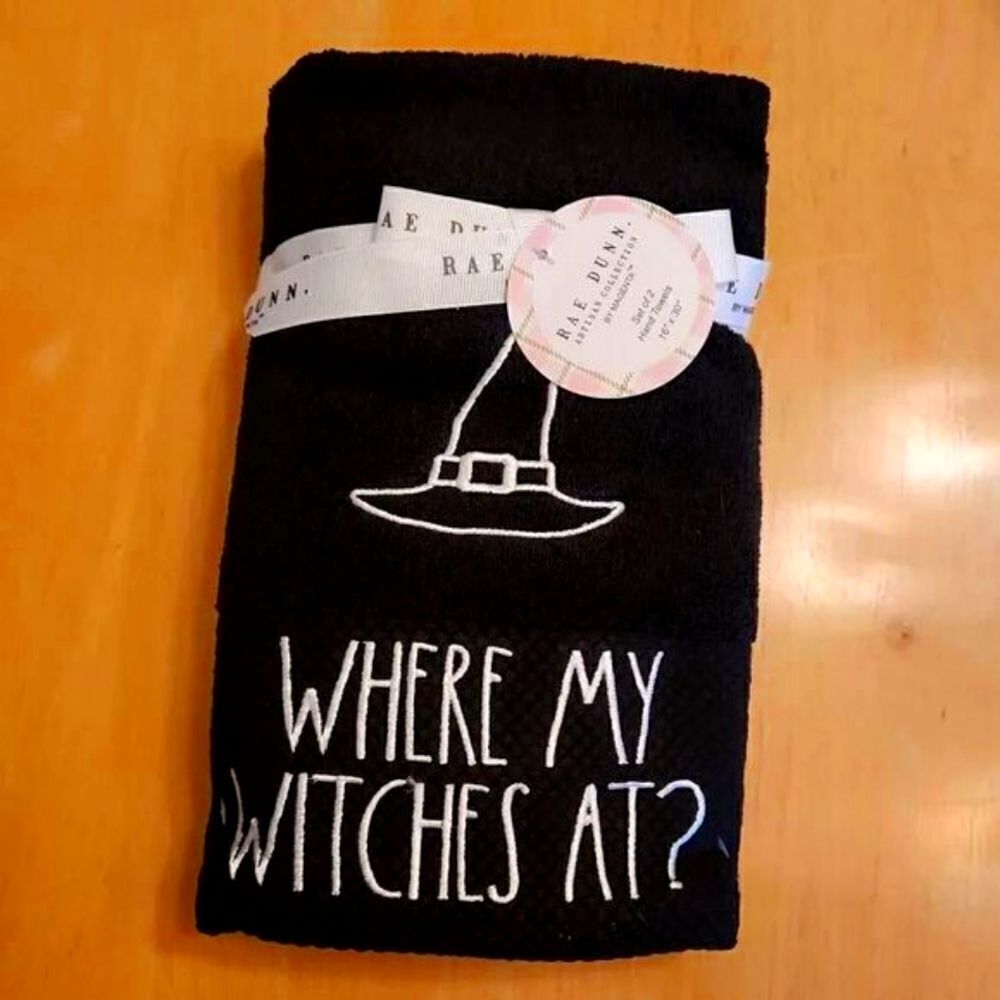 Halloween Rae Dunn WHERE'S MY WITCHES AT? black hand towels set of 2
